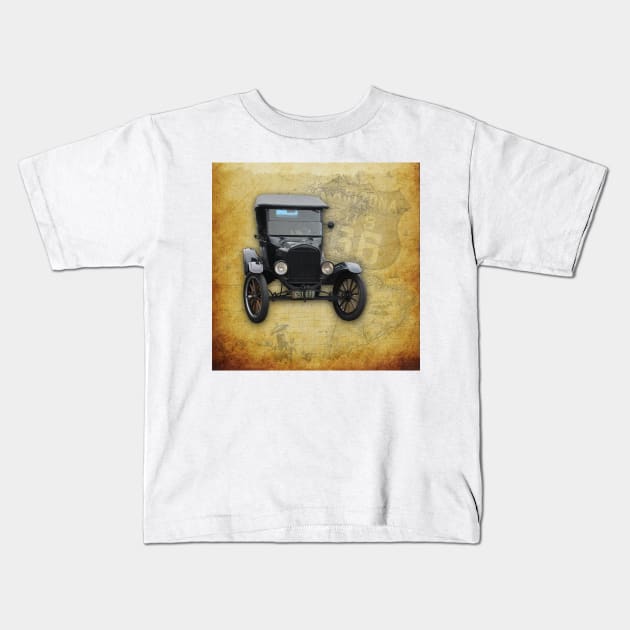 Antique Car on Old Route 66 on and Map Kids T-Shirt by ButterflyInTheAttic